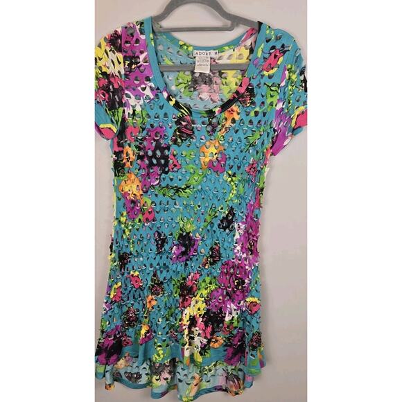 Neon Abstract Floral Cutout Swim Coverup Mini Dress MED Indie Sleeze Sexy Beach - Picture 2 of 7